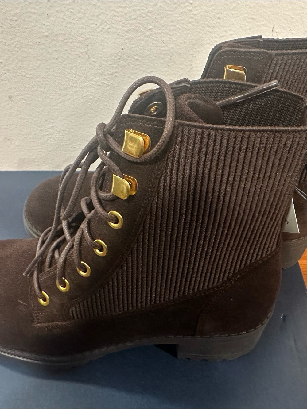 Cole Haan Dark Brown Suede Lace-Up Combat Boots with Gold Hardware - Picture 2 of 5